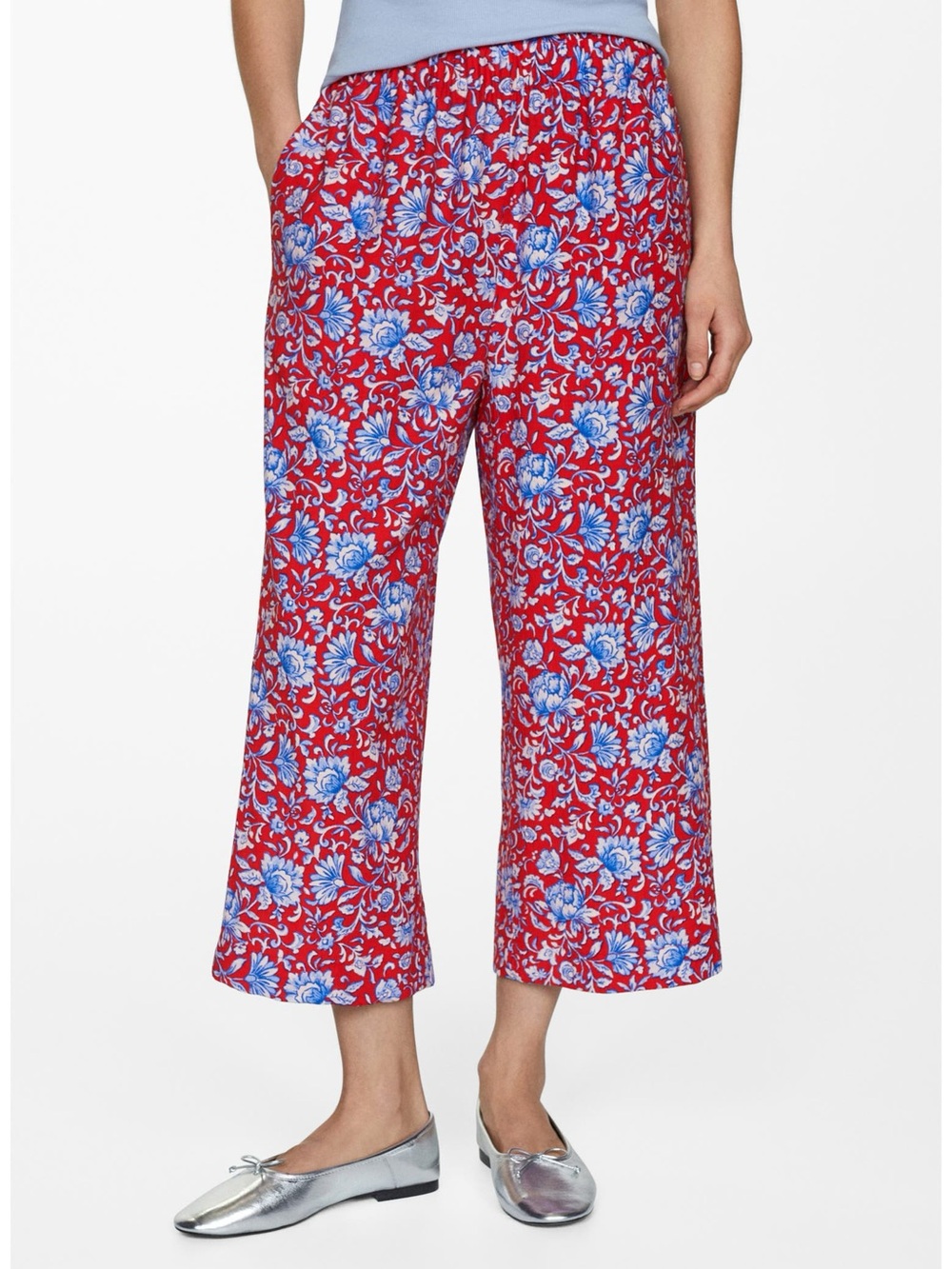 Mango Floral Crop Wide Leg Pants Size XS Pockets